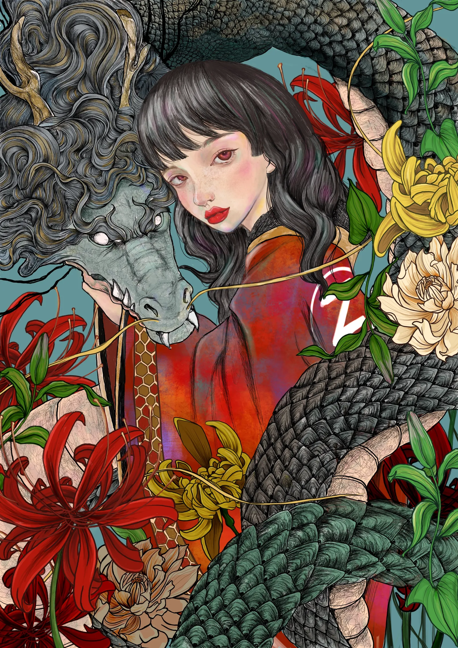 龍・彼岸花・着物の女性を描いたイラスト